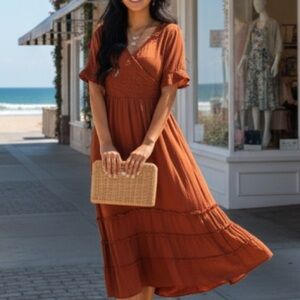 Polagram Smocked Crossover Wrap Chest Midi Dress in Brown Size Small